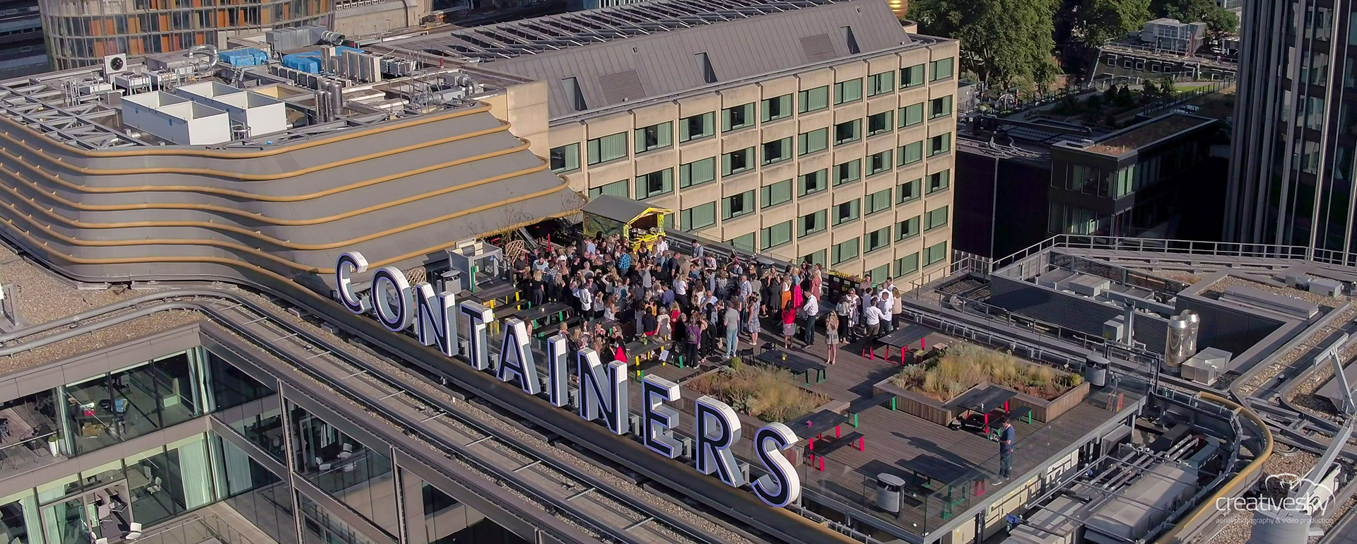 Aerial view of an event on the roof terrace